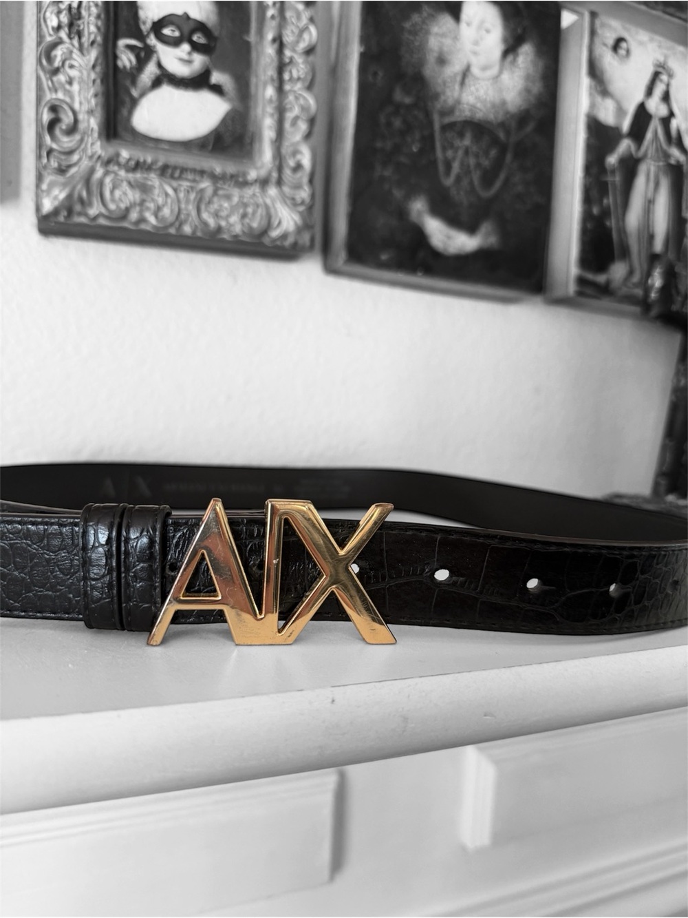 Armani Exchange Black Croc Embossed Belt Gold AX Logo Buckle 40”